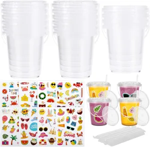 15 Pcs 1L Ice Cream Buckets with Lids Straw Handles and Summer Stickers Cocktail Rum Drink Buckets Clear Plastic Containers Ice Cream Tub Pail for Summer Beach Pool Picnic Party Supplies
