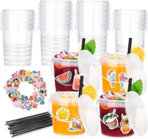 30 Pcs Drink Buckets for Parties with Lids and Straws Rum Plastic Clear Cocktails Disposable Containers Bucket with 50 Pcs Summer Stickers for Pool Picnic Party