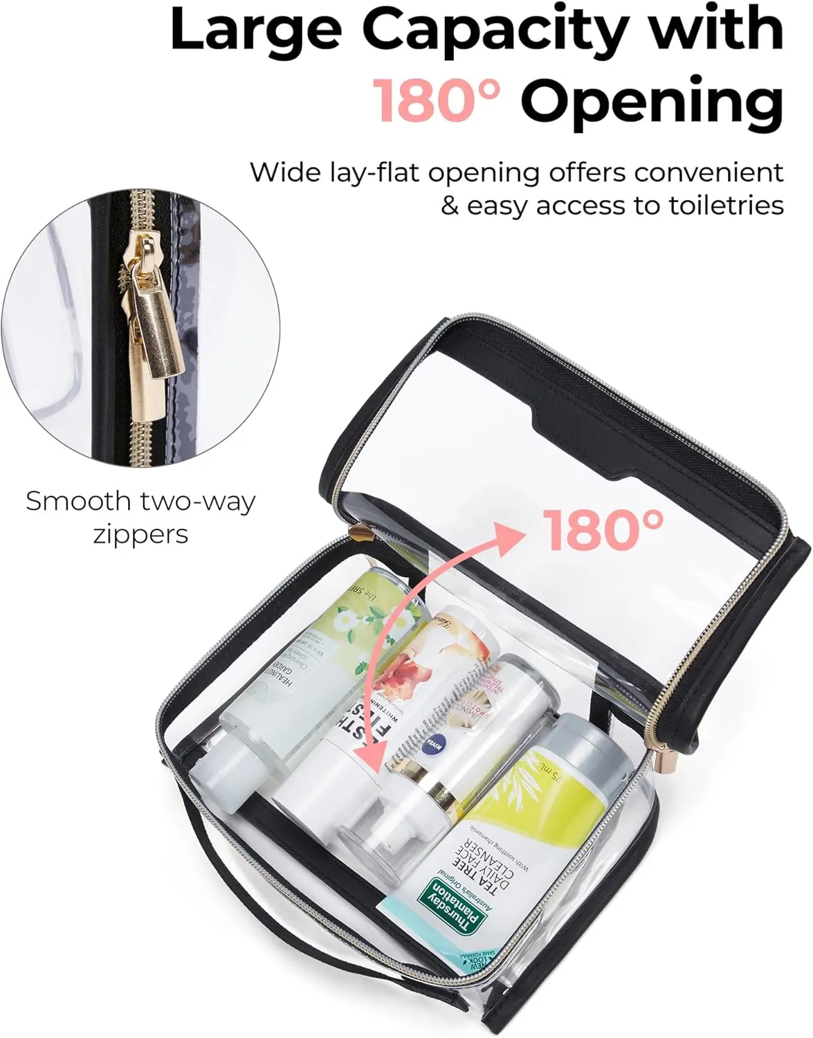 BAGSMART Clear Makeup Bag, TSA Approved Toiletry Bag, Makeup Cosmetic Pouch Bag for Women Quart Size Compliant Bag Organizer for Travel Essentials (Pink Pack of 1)