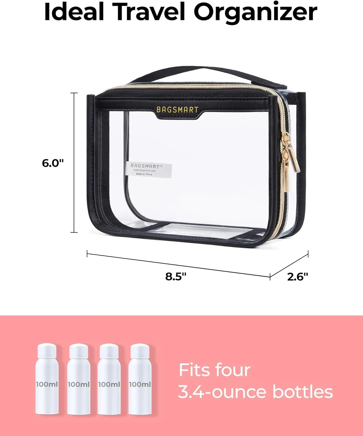 BAGSMART Clear Makeup Bag, TSA Approved Toiletry Bag, Makeup Cosmetic Pouch Bag for Women Quart Size Compliant Bag Organizer for Travel Essentials (Pink Pack of 1)
