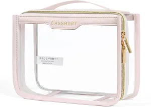 BAGSMART Clear Makeup Bag, TSA Approved Toiletry Bag, Makeup Cosmetic Pouch Bag for Women Quart Size Compliant Bag Organizer for Travel Essentials (Pink Pack of 1)