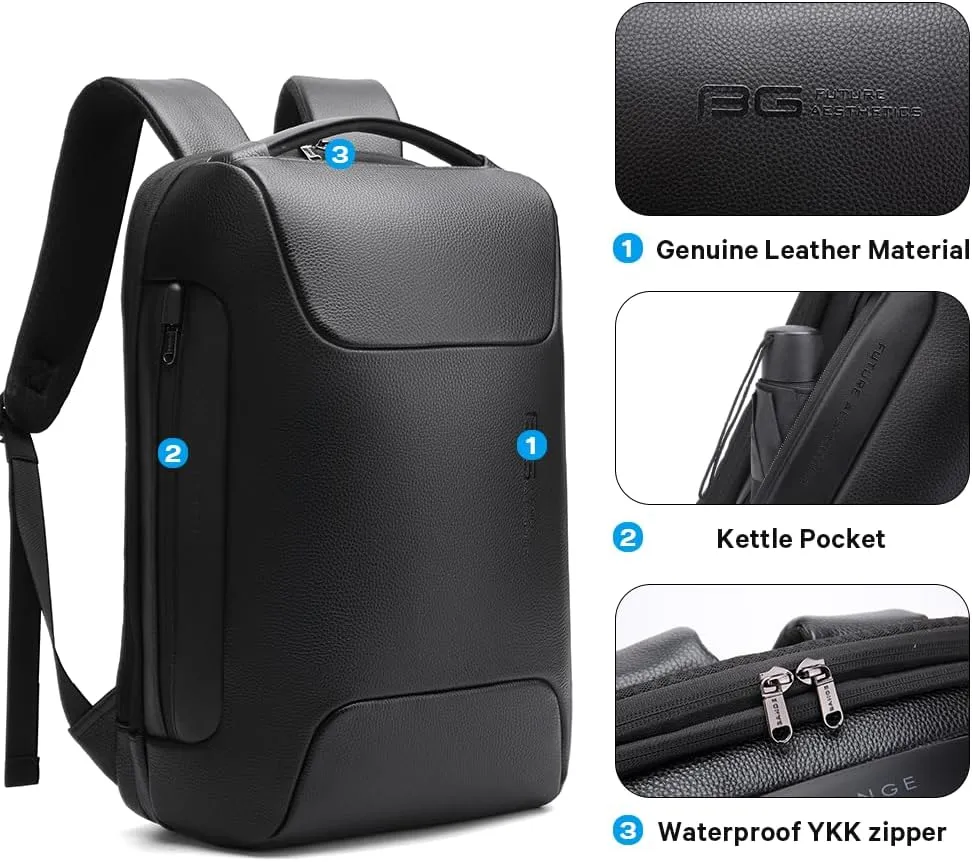 BANGE Genuine Leather Laptop Backpack Fits 15.6 Inch,Anti Theft Business Back Pack with TSA Lock, Office Work Backpack with USB3.0 Charging Port for Men and Women