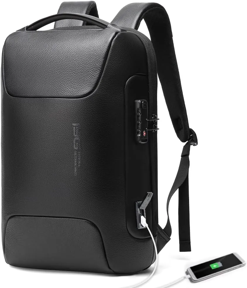 BANGE Genuine Leather Laptop Backpack Fits 15.6 Inch,Anti Theft Business Back Pack with TSA Lock, Office Work Backpack with USB3.0 Charging Port for Men and Women