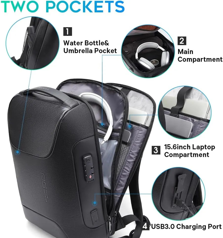 BANGE Genuine Leather Laptop Backpack Fits 15.6 Inch,Anti Theft Business Back Pack with TSA Lock, Office Work Backpack with USB3.0 Charging Port for Men and Women