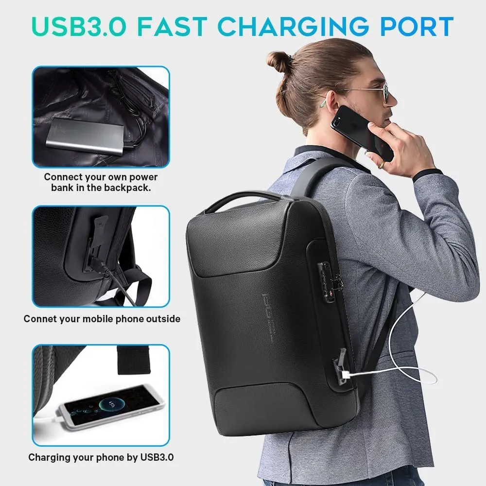 BANGE Genuine Leather Laptop Backpack Fits 15.6 Inch,Anti Theft Business Back Pack with TSA Lock, Office Work Backpack with USB3.0 Charging Port for Men and Women