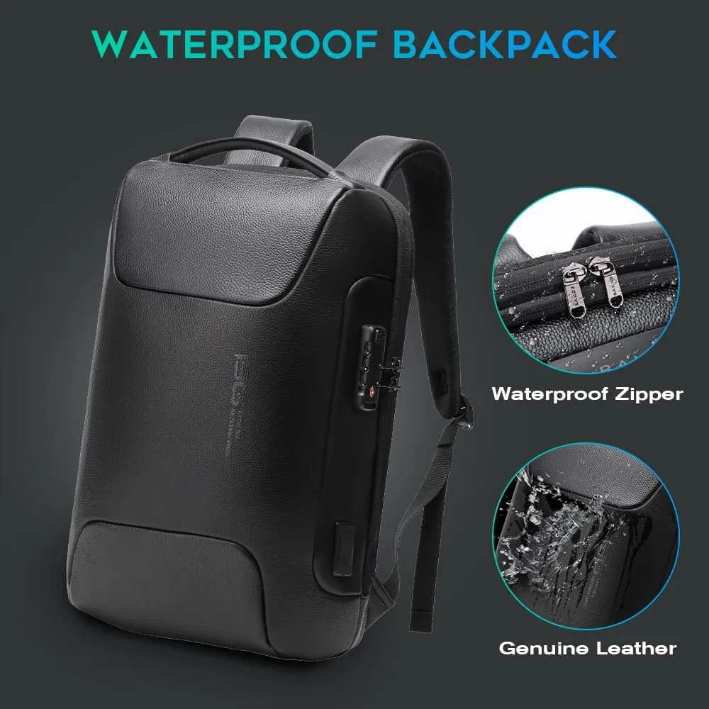 BANGE Genuine Leather Laptop Backpack Fits 15.6 Inch,Anti Theft Business Back Pack with TSA Lock, Office Work Backpack with USB3.0 Charging Port for Men and Women