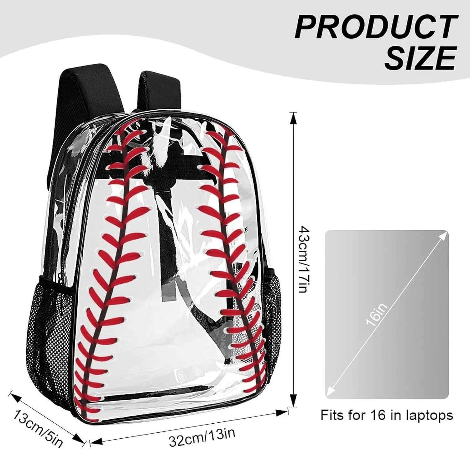 Baseball Clear Backpack Heavy Duty for Girls Kids Boys Women Men - PVC Baseball Printing Transparent Backpack for Schools Stadium Concerts Work - Clear/Black