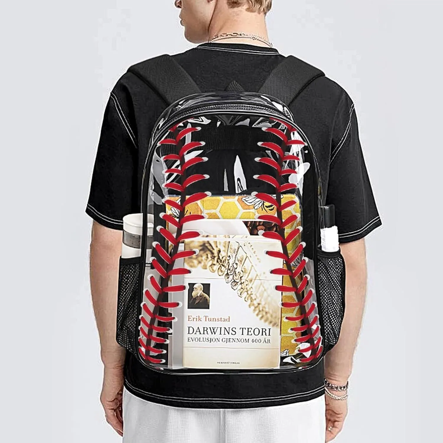 Baseball Clear Backpack Heavy Duty for Girls Kids Boys Women Men - PVC Baseball Printing Transparent Backpack for Schools Stadium Concerts Work - Clear/Black