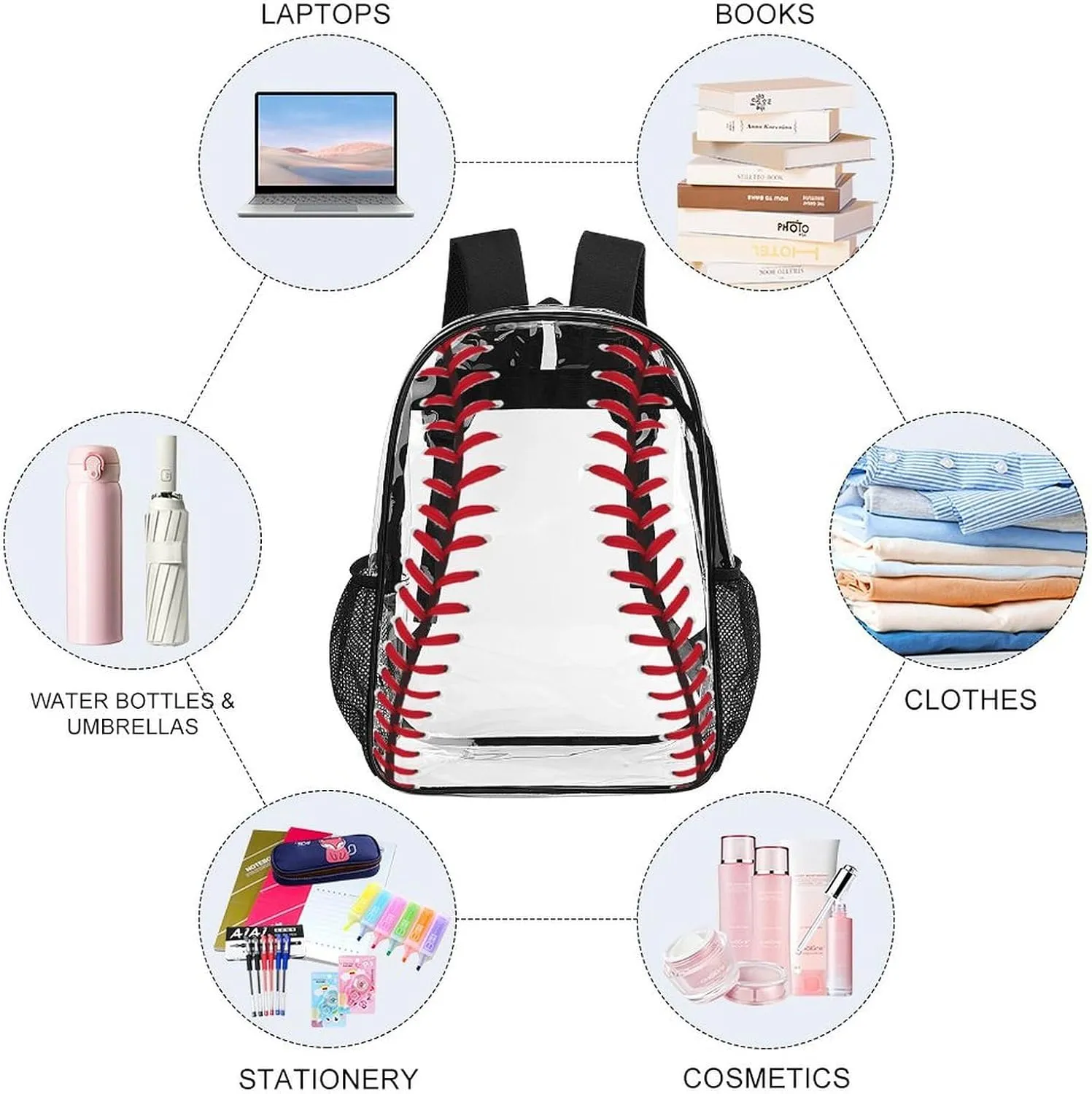 Baseball Clear Backpack Heavy Duty for Girls Kids Boys Women Men - PVC Baseball Printing Transparent Backpack for Schools Stadium Concerts Work - Clear/Black