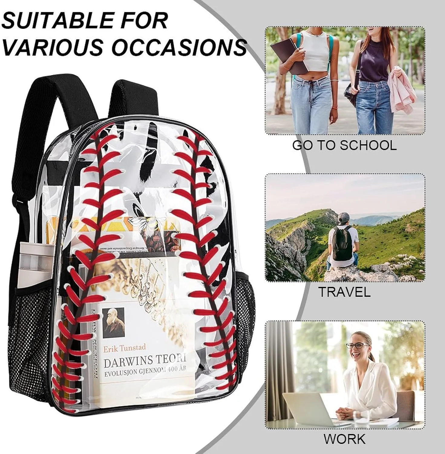 Baseball Clear Backpack Heavy Duty for Girls Kids Boys Women Men - PVC Baseball Printing Transparent Backpack for Schools Stadium Concerts Work - Clear/Black
