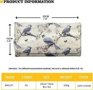 Books Floral Print Leather Long Wallet for Women Vegan PU Leather Trifold Money Organizer, Credit Card Holder Zipper Wallet Clutch