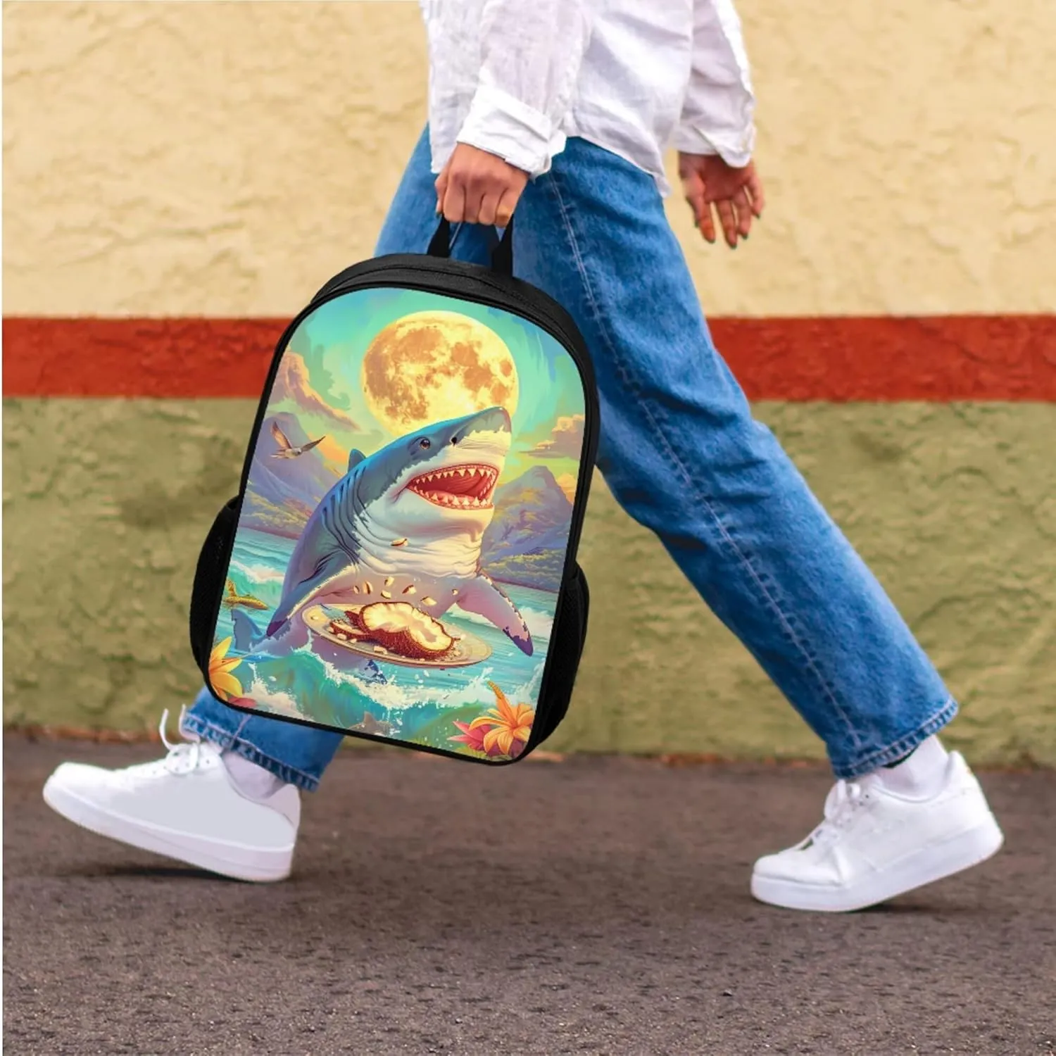 Boys Girls Print School Bag Set for Student Coconut Shark Backpack Set with Lunch Box Pencil Case Adjustable Shoulder Straps Bookbag for Kids Lightweight Daypack