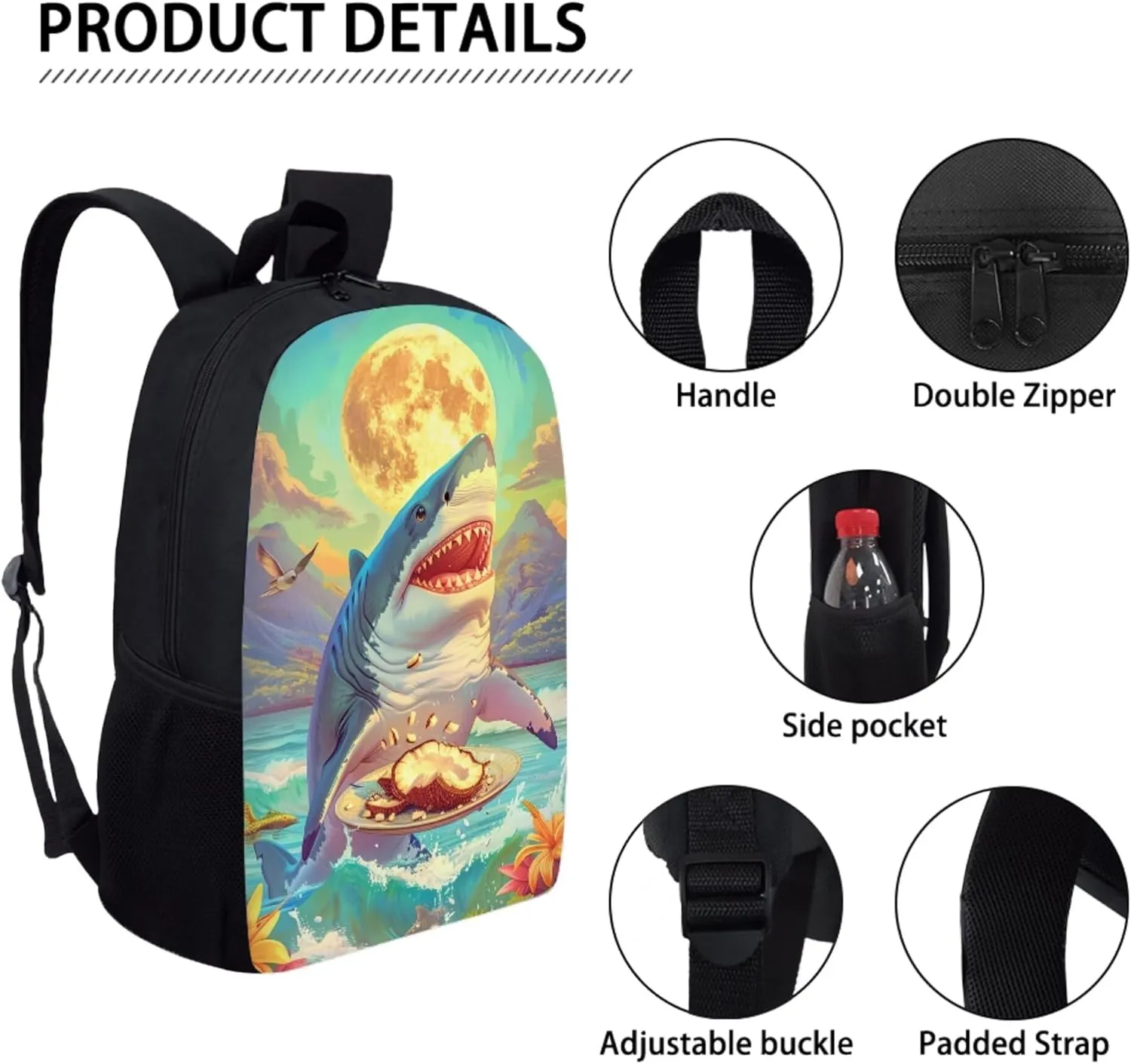 Boys Girls Print School Bag Set for Student Coconut Shark Backpack Set with Lunch Box Pencil Case Adjustable Shoulder Straps Bookbag for Kids Lightweight Daypack