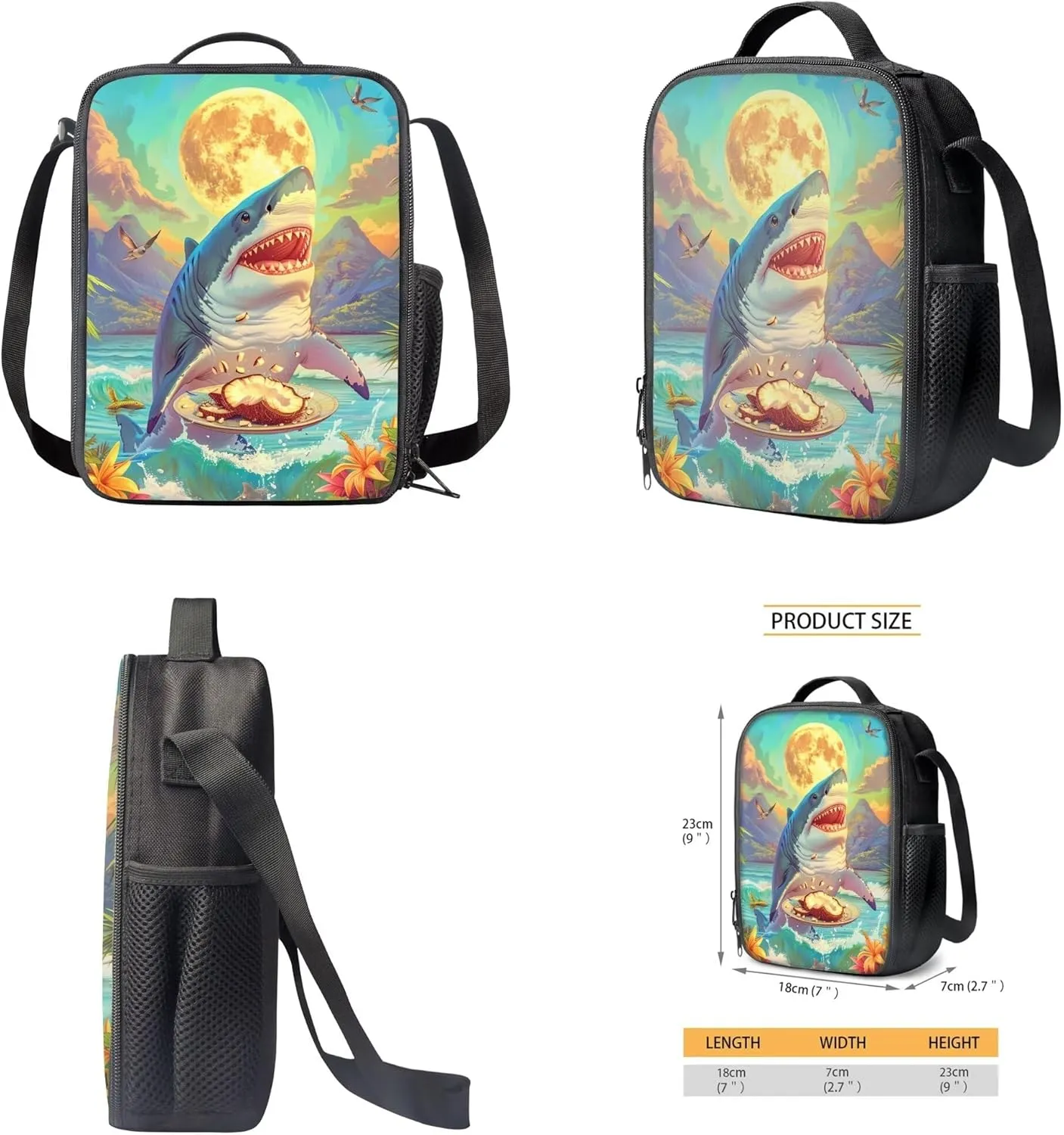 Boys Girls Print School Bag Set for Student Coconut Shark Backpack Set with Lunch Box Pencil Case Adjustable Shoulder Straps Bookbag for Kids Lightweight Daypack