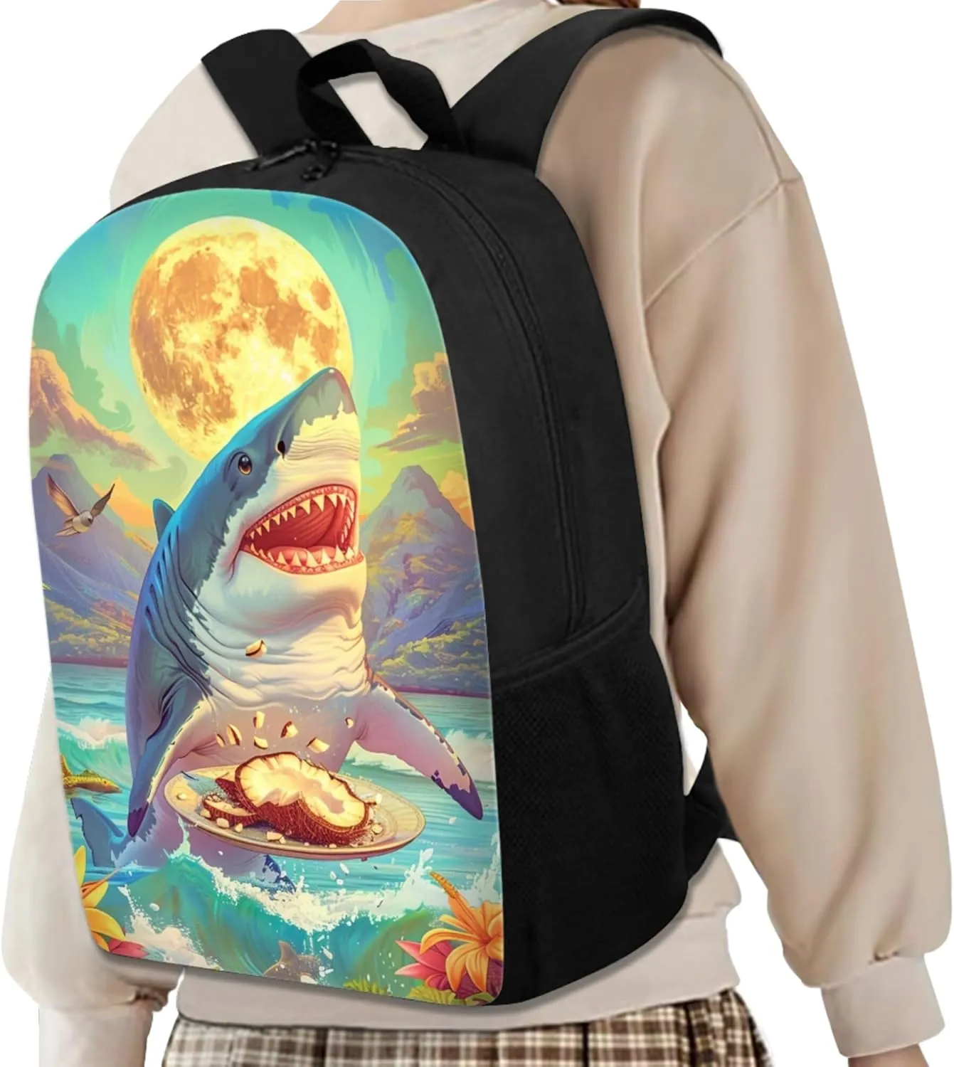 Boys Girls Print School Bag Set for Student Coconut Shark Backpack Set with Lunch Box Pencil Case Adjustable Shoulder Straps Bookbag for Kids Lightweight Daypack