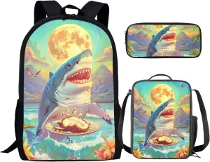 Boys Girls Print School Bag Set for Student Coconut Shark Backpack Set with Lunch Box Pencil Case Adjustable Shoulder Straps Bookbag for Kids Lightweight Daypack
