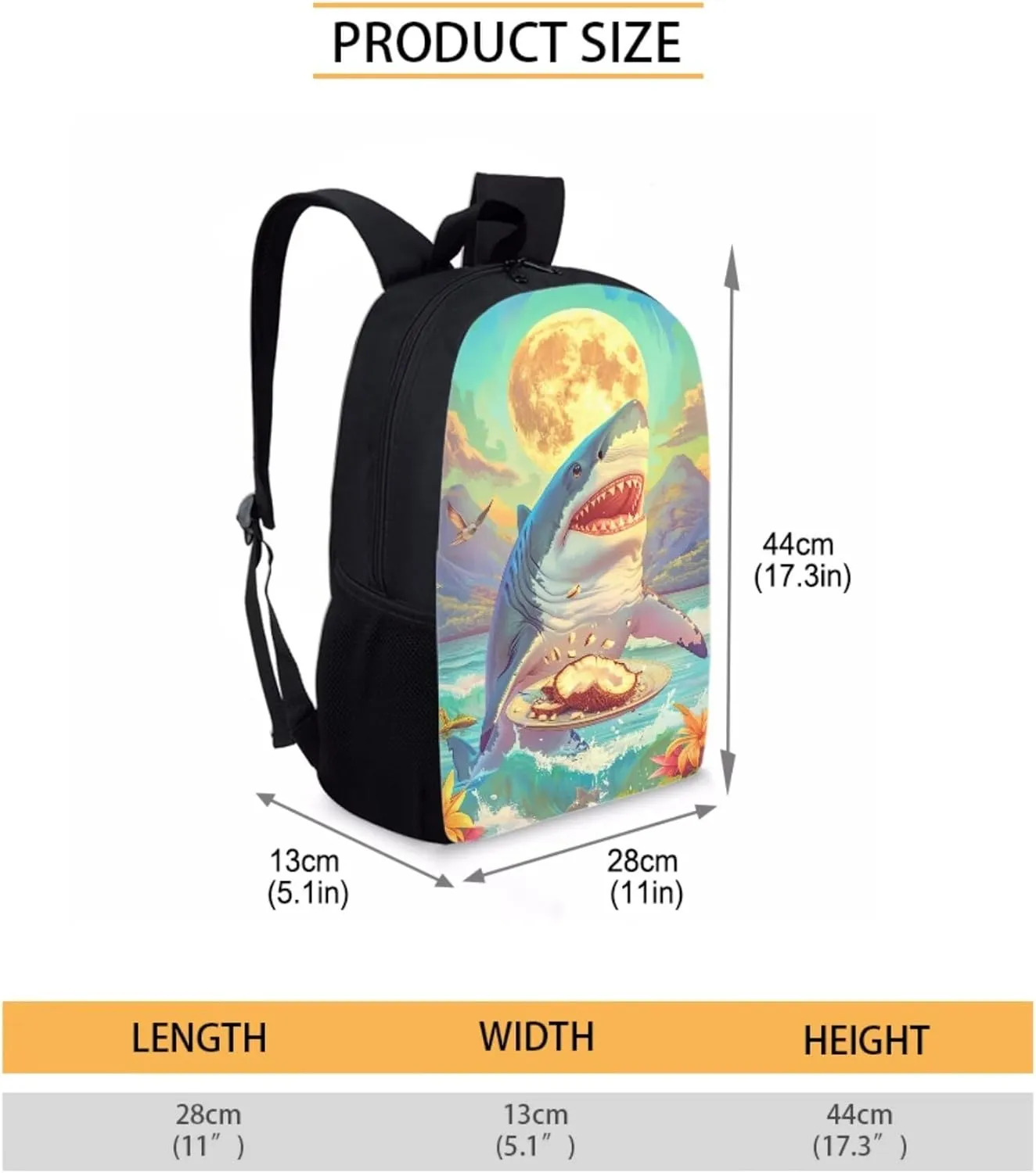 Boys Girls Print School Bag Set for Student Coconut Shark Backpack Set with Lunch Box Pencil Case Adjustable Shoulder Straps Bookbag for Kids Lightweight Daypack