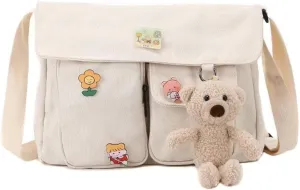Canvas Crossbody Bag Messenger Cute Bag with Pins and Pendant for Women Girls Casual Shoulder Aesthetic School bag
