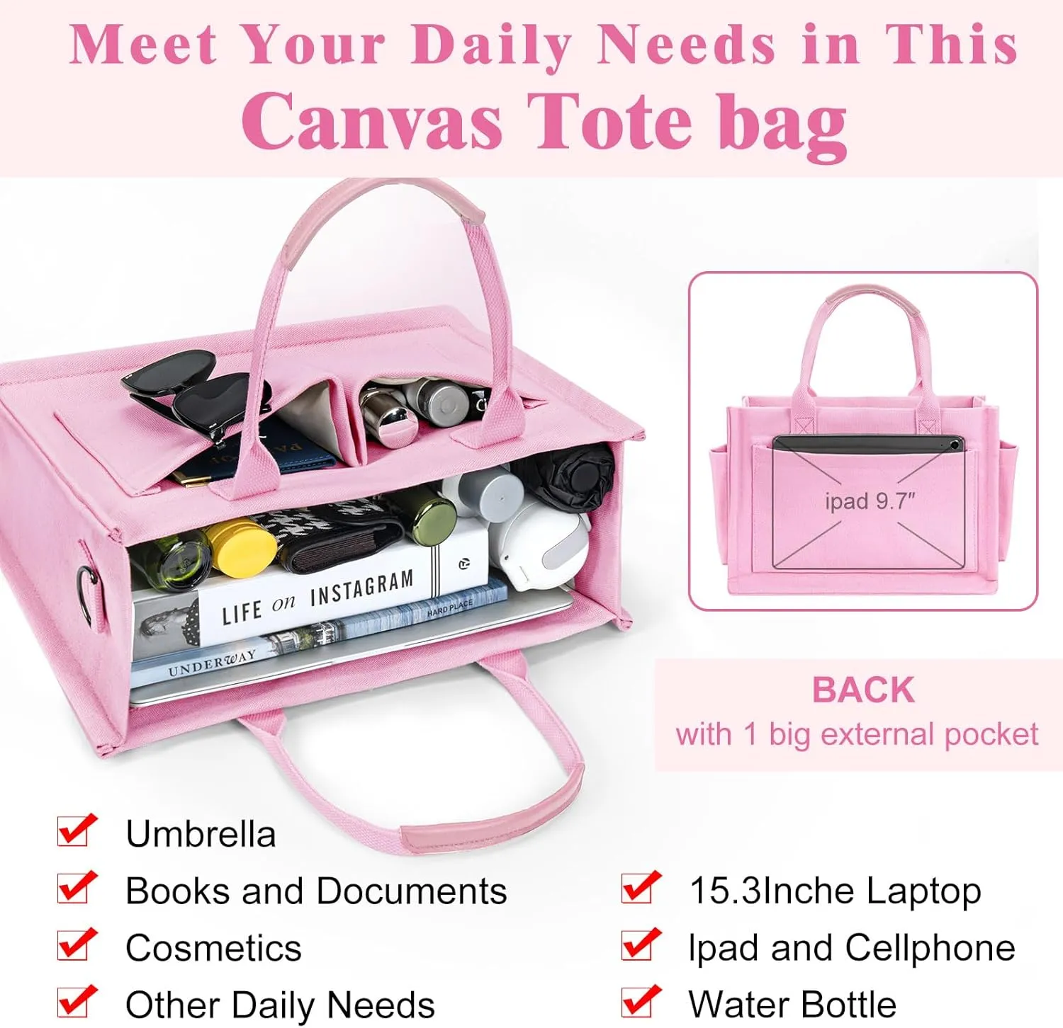 Canvas Tote Bag with Pockets Work Tote Bags for Women Laptop Work Crossbody Tote Purse Tote Bag Shoulder Handbags