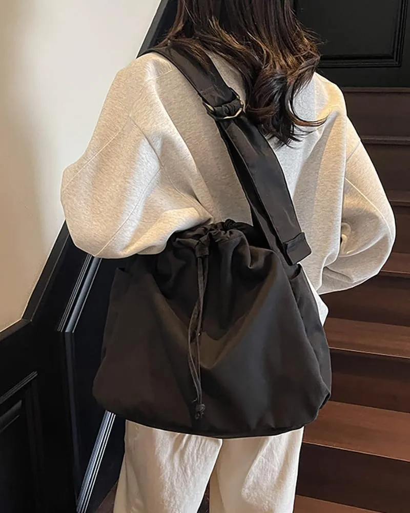 Casual Nylon Shoulder Tote Bag for Women Large Lightweight Canvas Travel Crossbody Purse Handbags with Drawstring