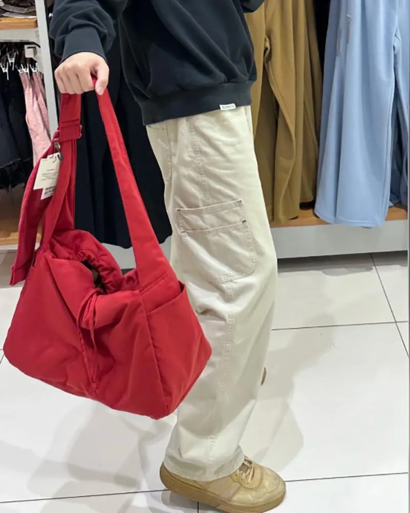Casual Nylon Shoulder Tote Bag for Women Large Lightweight Canvas Travel Crossbody Purse Handbags with Drawstring