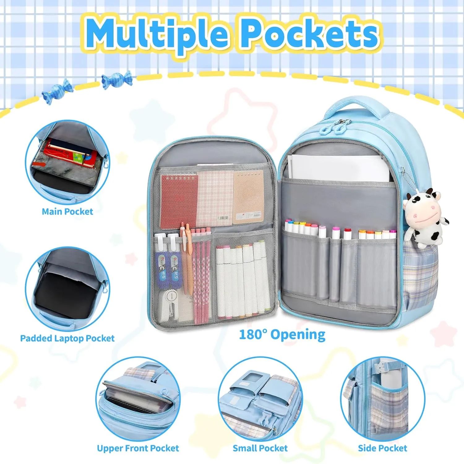 Cute Backpack for Girls, 5 Pack Kawaii Backpack Aesthetic Backpack with Lunch Box Set, Girls Blue School Bookbag for Kids Teen Elementary