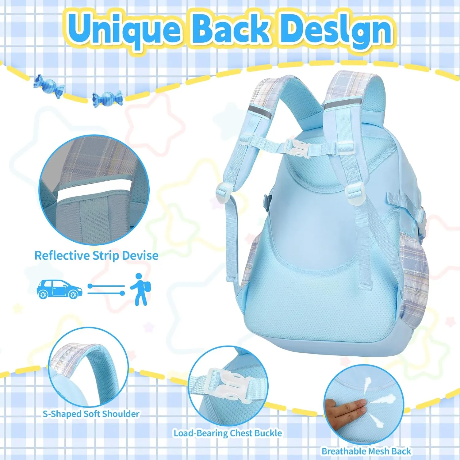 Cute Backpack for Girls, 5 Pack Kawaii Backpack Aesthetic Backpack with Lunch Box Set, Girls Blue School Bookbag for Kids Teen Elementary