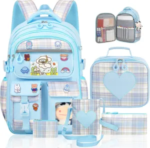 Cute Backpack for Girls, 5 Pack Kawaii Backpack Aesthetic Backpack with Lunch Box Set, Girls Blue School Bookbag for Kids Teen Elementary