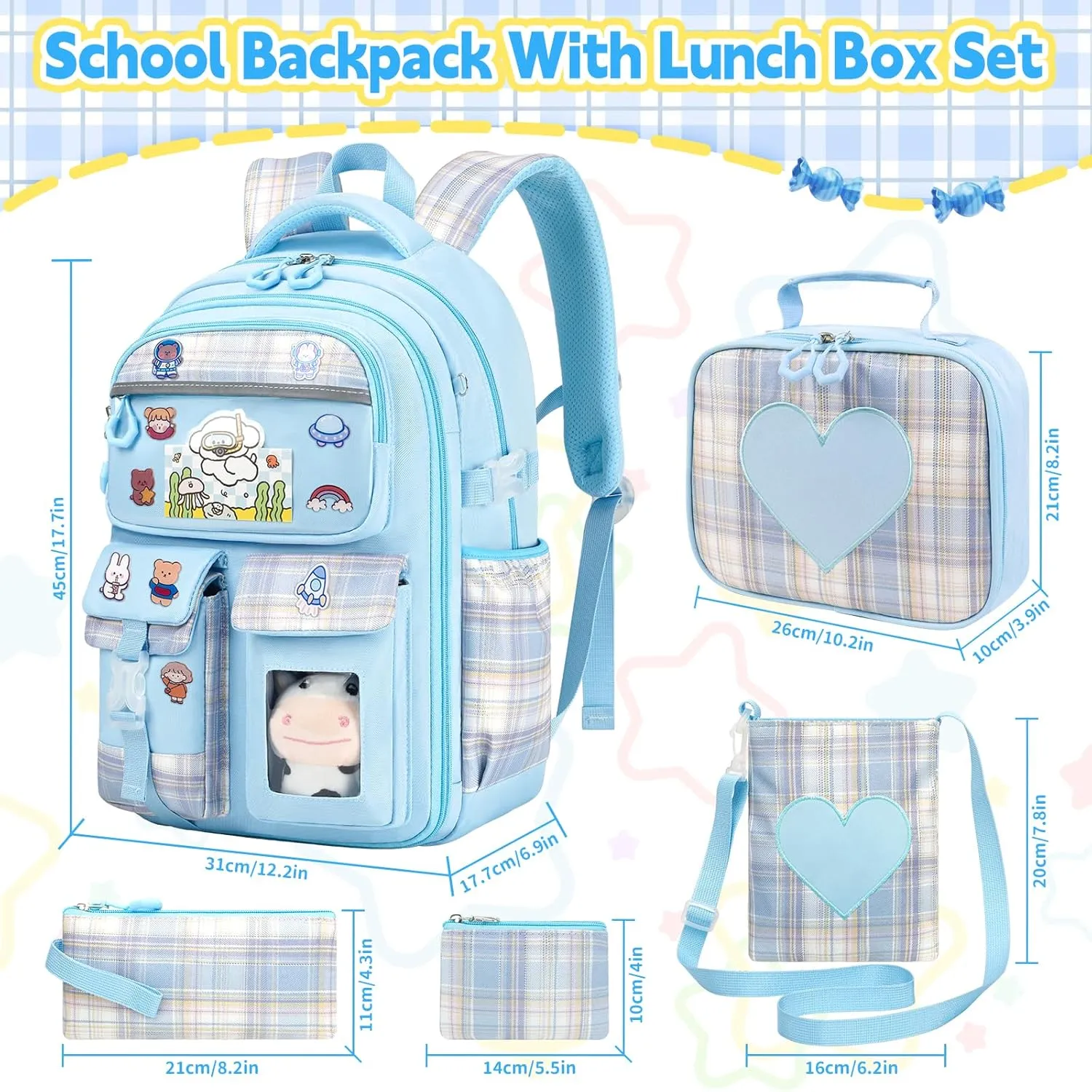 Cute Backpack for Girls, 5 Pack Kawaii Backpack Aesthetic Backpack with Lunch Box Set, Girls Blue School Bookbag for Kids Teen Elementary