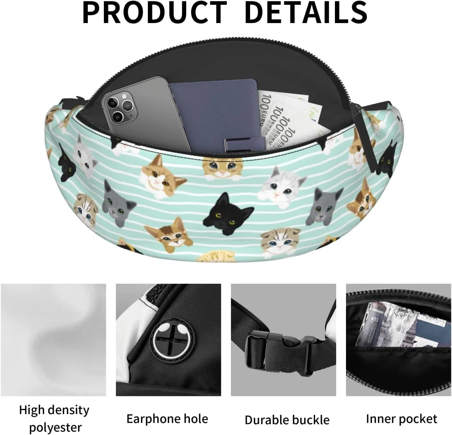 Cute Cat Fanny Packs For Women With Earphone Hole, Adjustable Belt Bag For Women, Waist Bag Cross Body Fanny Pack Chest Bag For Women Hiking Traveling Running
