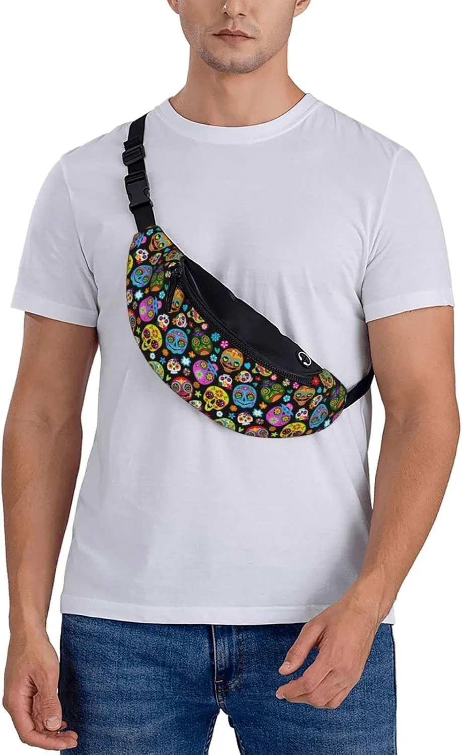 Day Of The Dead Sugar Skull Fanny Packs For Women With Earphone Hole, Adjustable Belt Bag For Women, Waist Bag Cross Body Fanny Pack Chest Bag For Women Hiking Traveling Running