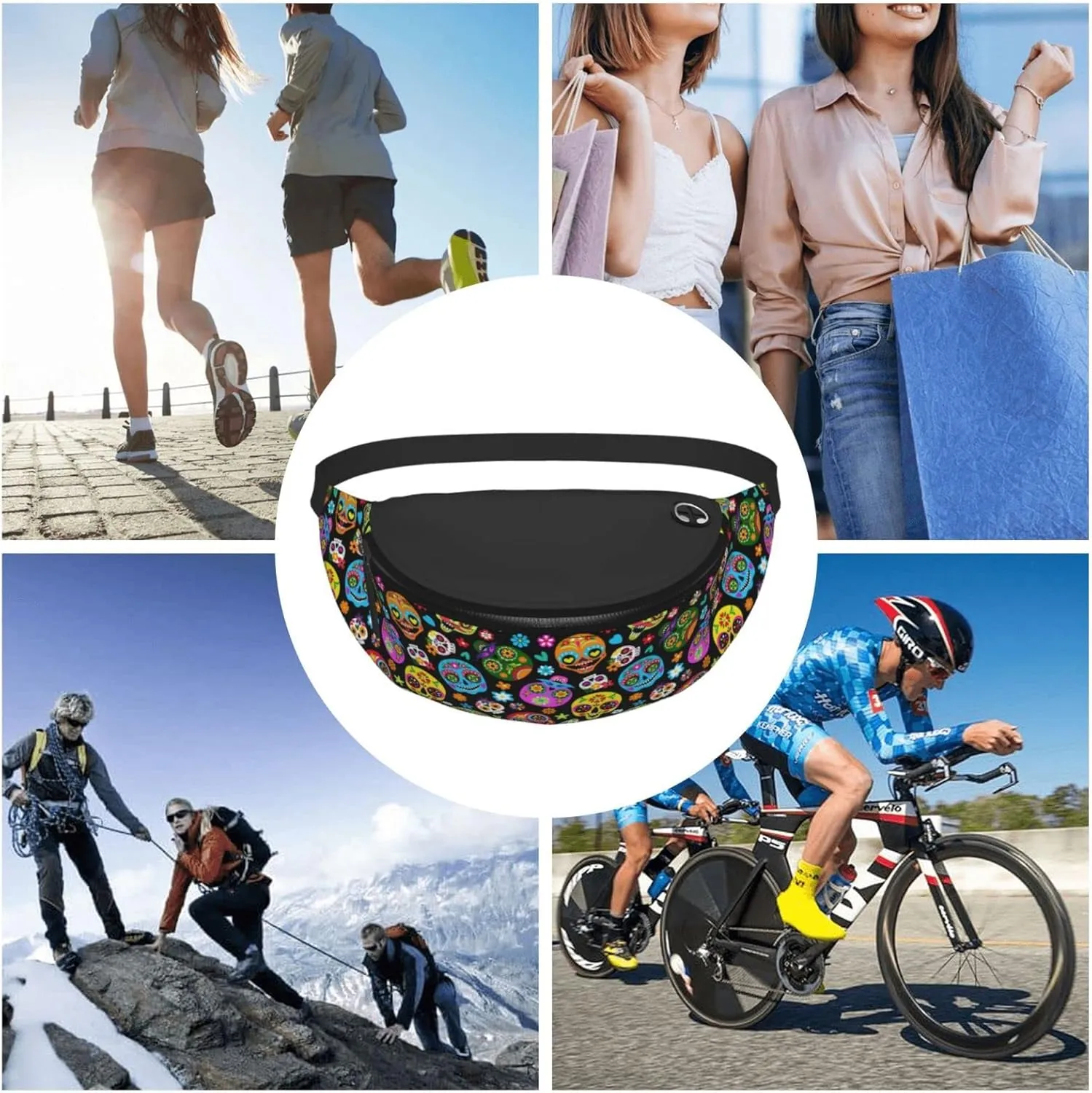 Day Of The Dead Sugar Skull Fanny Packs For Women With Earphone Hole, Adjustable Belt Bag For Women, Waist Bag Cross Body Fanny Pack Chest Bag For Women Hiking Traveling Running