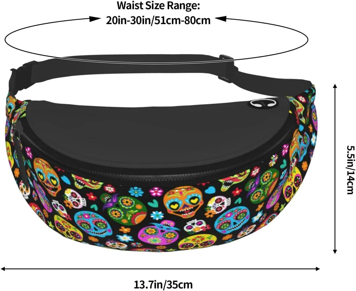 Day Of The Dead Sugar Skull Fanny Packs For Women With Earphone Hole, Adjustable Belt Bag For Women, Waist Bag Cross Body Fanny Pack Chest Bag For Women Hiking Traveling Running