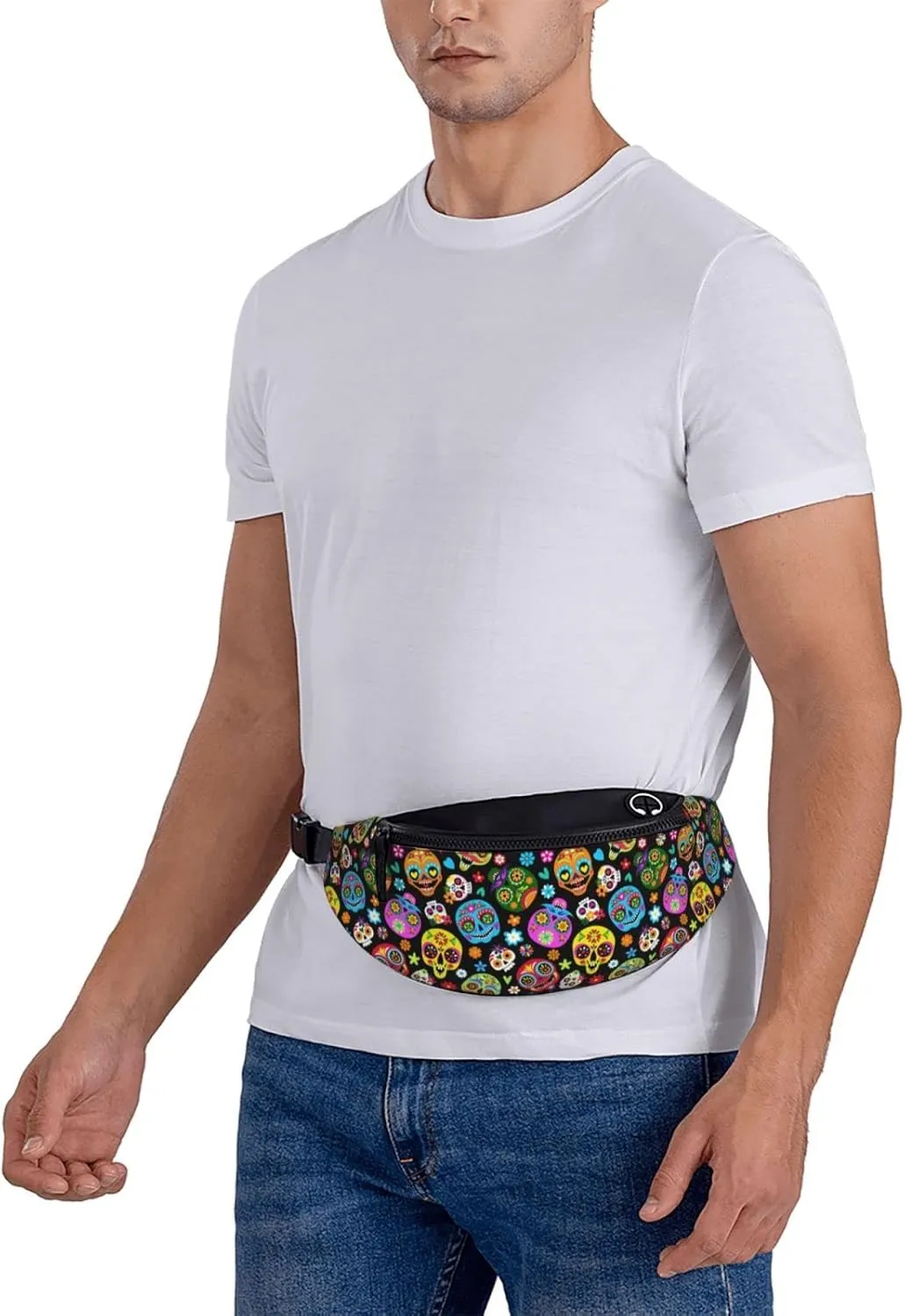 Day Of The Dead Sugar Skull Fanny Packs For Women With Earphone Hole, Adjustable Belt Bag For Women, Waist Bag Cross Body Fanny Pack Chest Bag For Women Hiking Traveling Running