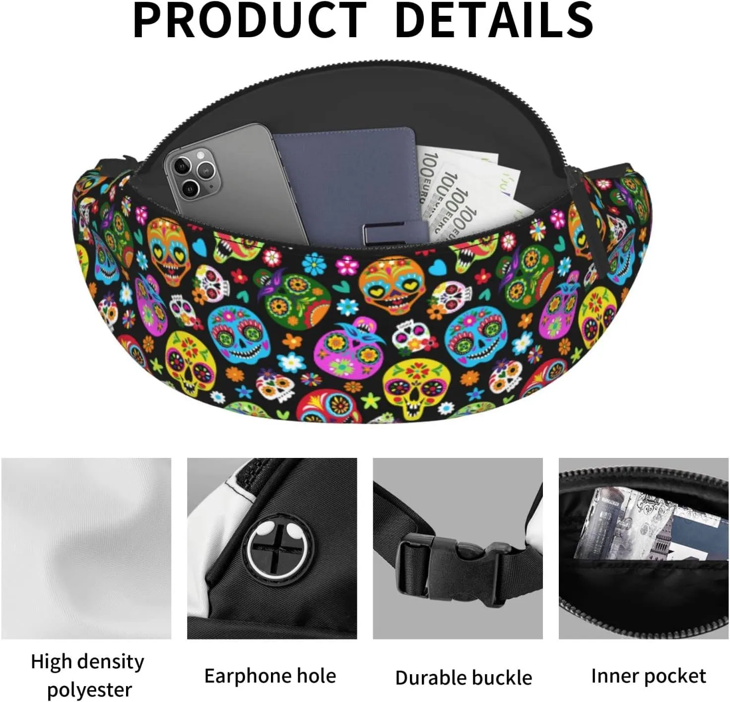 Day Of The Dead Sugar Skull Fanny Packs For Women With Earphone Hole, Adjustable Belt Bag For Women, Waist Bag Cross Body Fanny Pack Chest Bag For Women Hiking Traveling Running