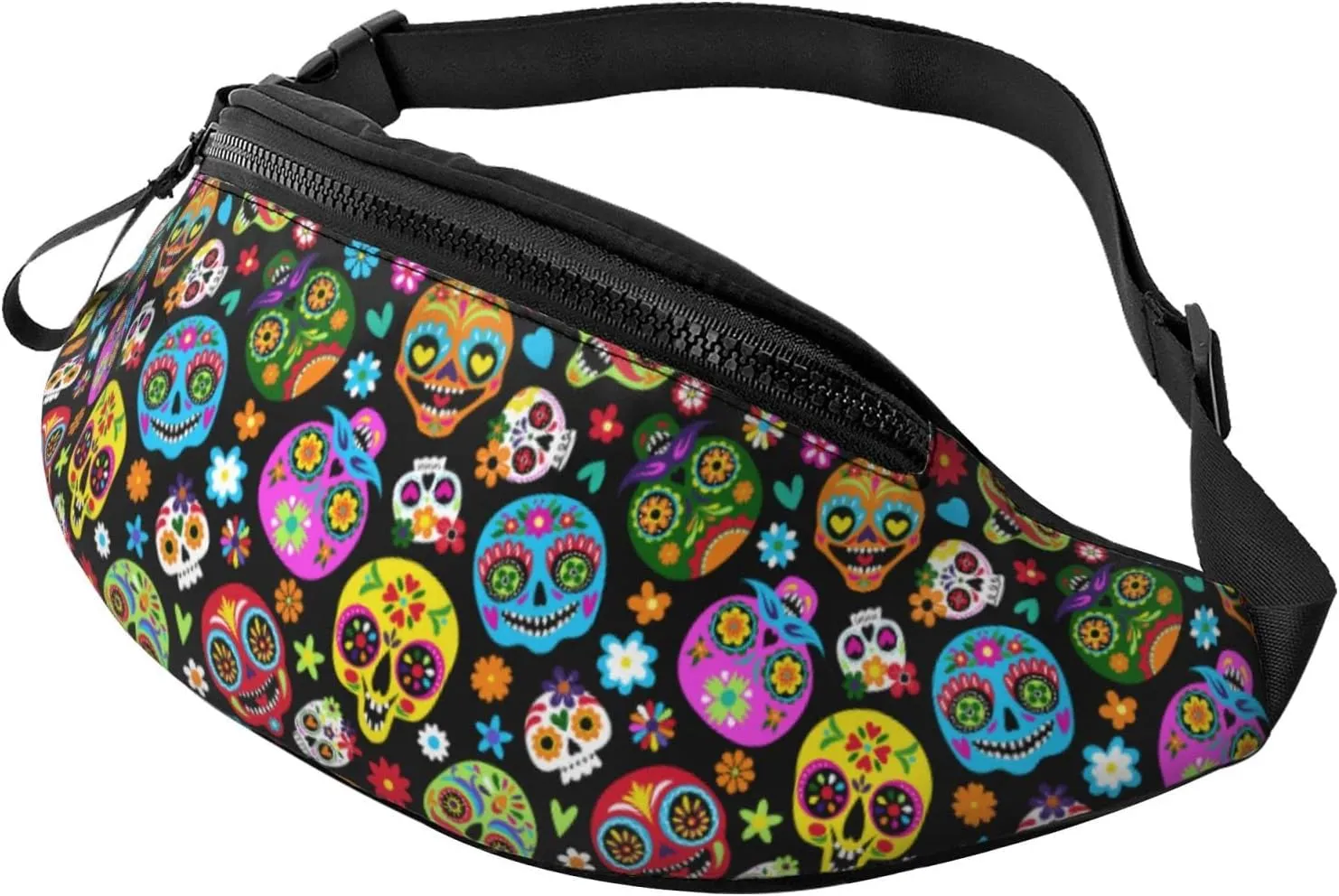 Day Of The Dead Sugar Skull Fanny Packs For Women With Earphone Hole, Adjustable Belt Bag For Women, Waist Bag Cross Body Fanny Pack Chest Bag For Women Hiking Traveling Running