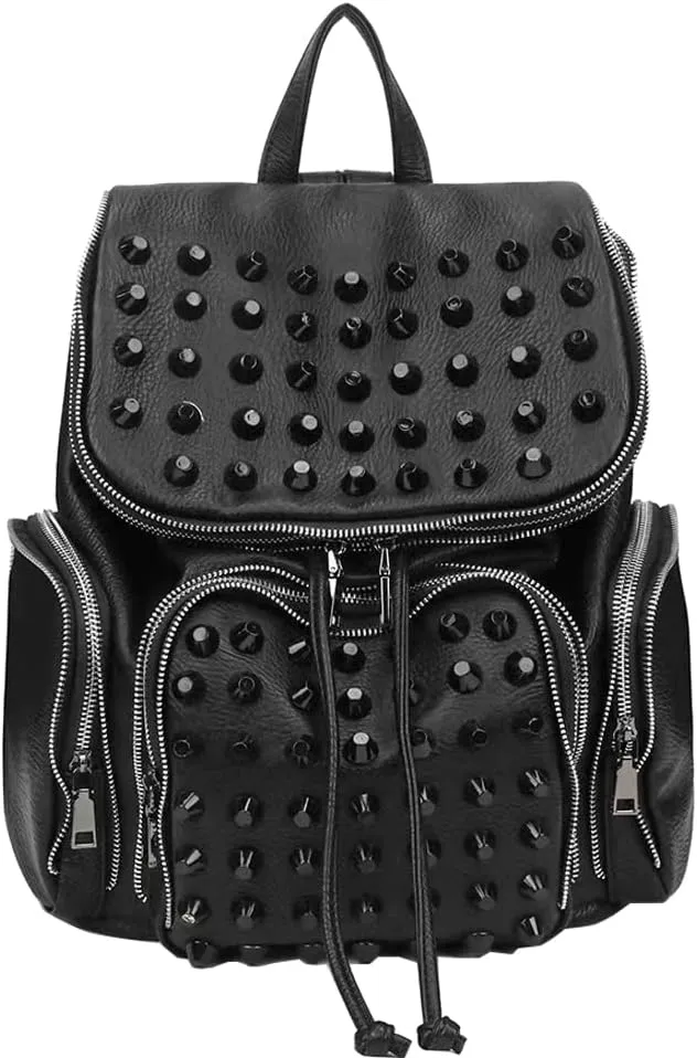 Downupdown Studded Backpacks for Women and Men Leather Flap Rivet Backpack knapsack Ladies Casual Daypack Shoulder Bag Cool Zipper Backpack with Top Handle Bucket Bag-Black