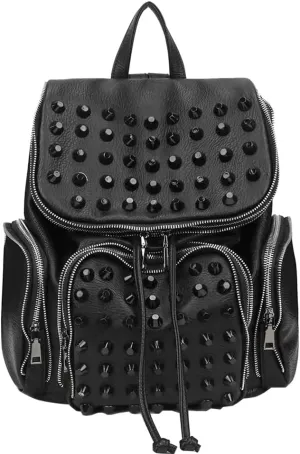 Downupdown Studded Backpacks for Women and Men Leather Flap Rivet Backpack knapsack Ladies Casual Daypack Shoulder Bag Cool Zipper Backpack with Top Handle Bucket Bag-Black