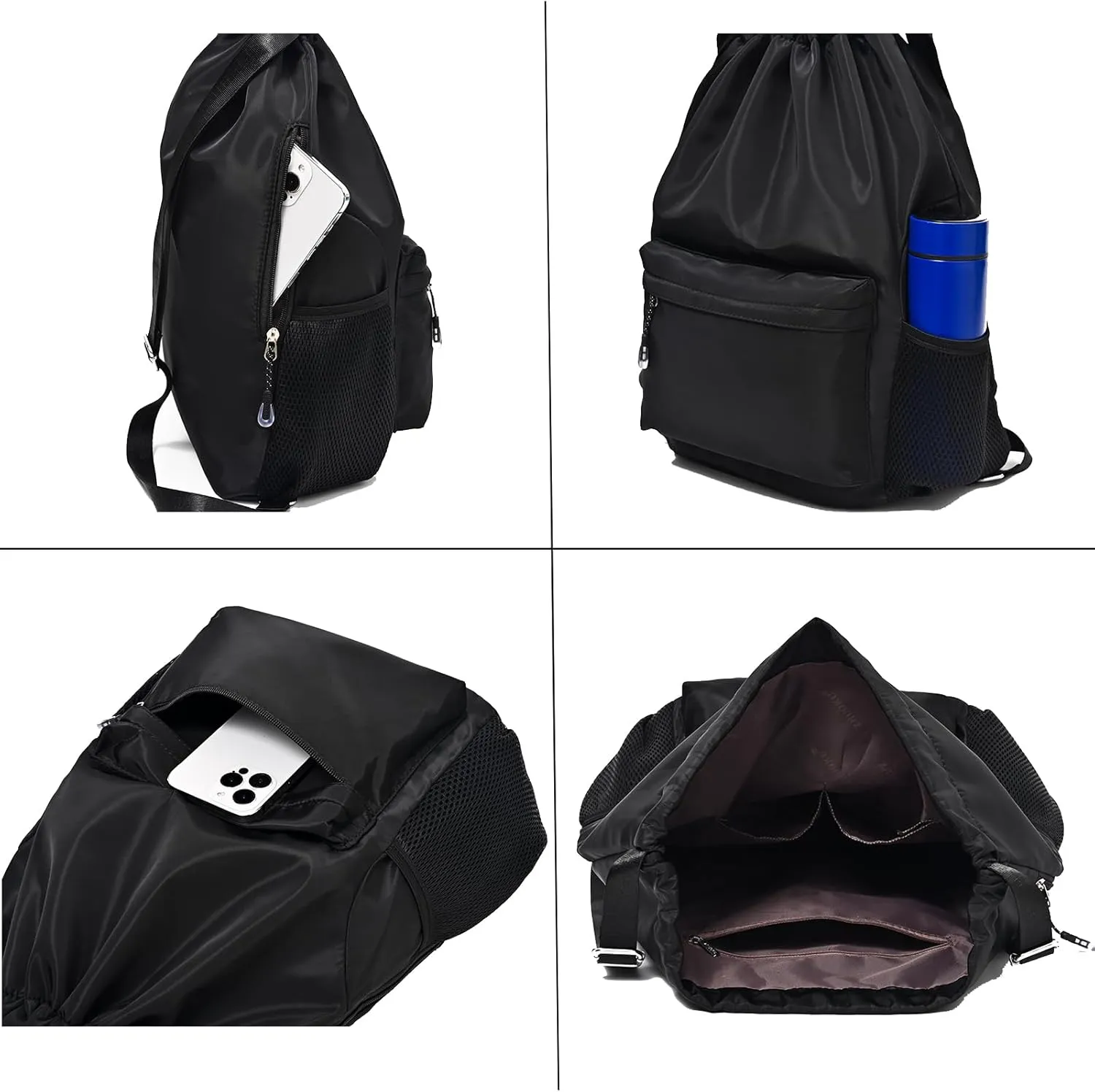 Drawstring Backpack for Women, Waterproof Drawstring Gym Bag for Men, Small Cinch Sack for Basketball, Pull String Sport Bag for Soccer. (Grey)