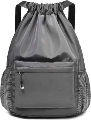 Drawstring Backpack for Women, Waterproof Drawstring Gym Bag for Men, Small Cinch Sack for Basketball, Pull String Sport Bag for Soccer. (Grey)