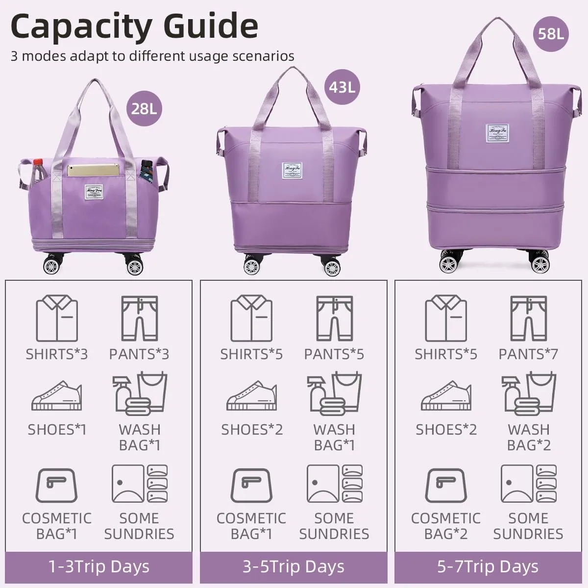 Duffel Bag with Wheels Rolling Duffle Bag Foldable Travel Bag Expandable Carry on Luggage Bag Large Tote Weekender Bags Purple