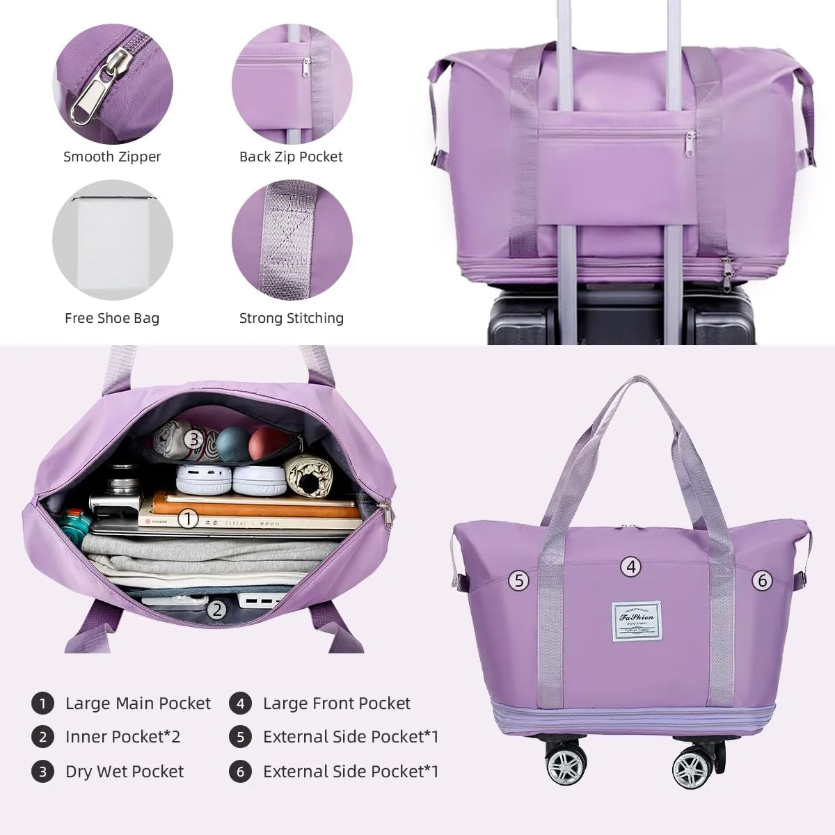 Duffel Bag with Wheels Rolling Duffle Bag Foldable Travel Bag Expandable Carry on Luggage Bag Large Tote Weekender Bags Purple