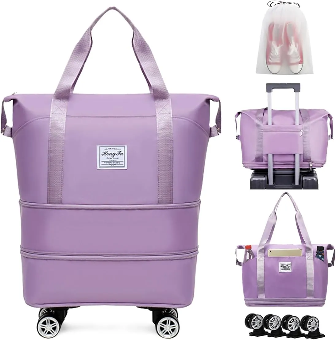 Duffel Bag with Wheels Rolling Duffle Bag Foldable Travel Bag Expandable Carry on Luggage Bag Large Tote Weekender Bags Purple