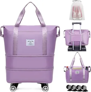Duffel Bag with Wheels Rolling Duffle Bag Foldable Travel Bag Expandable Carry on Luggage Bag Large Tote Weekender Bags Purple