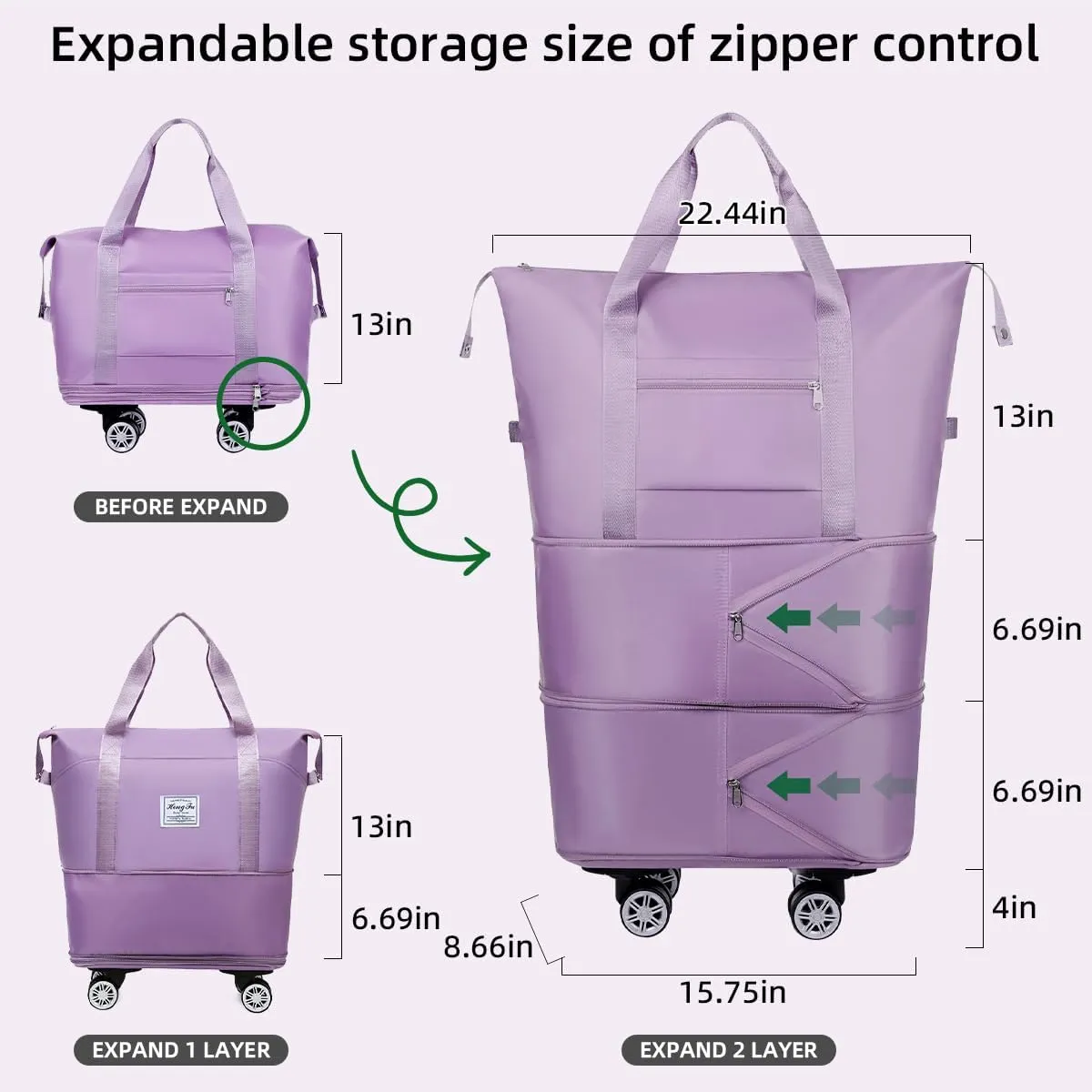 Duffel Bag with Wheels Rolling Duffle Bag Foldable Travel Bag Expandable Carry on Luggage Bag Large Tote Weekender Bags Purple