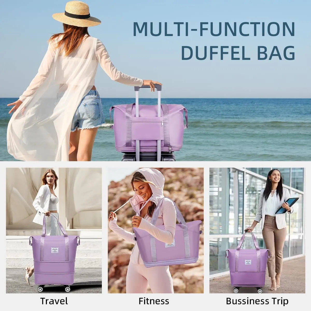 Duffel Bag with Wheels Rolling Duffle Bag Foldable Travel Bag Expandable Carry on Luggage Bag Large Tote Weekender Bags Purple