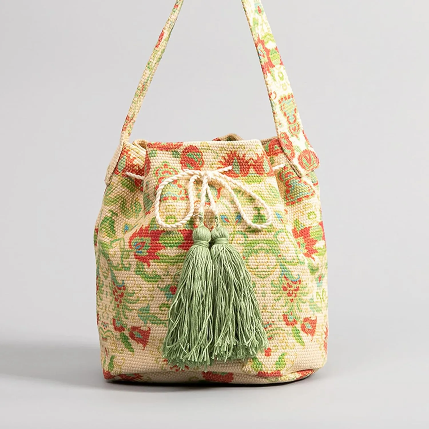 Ethnic Tote Bag for Women Canvas Handbag Bohemian Bucket Bag Retro Shoulder Crossbody Bag with Tassels