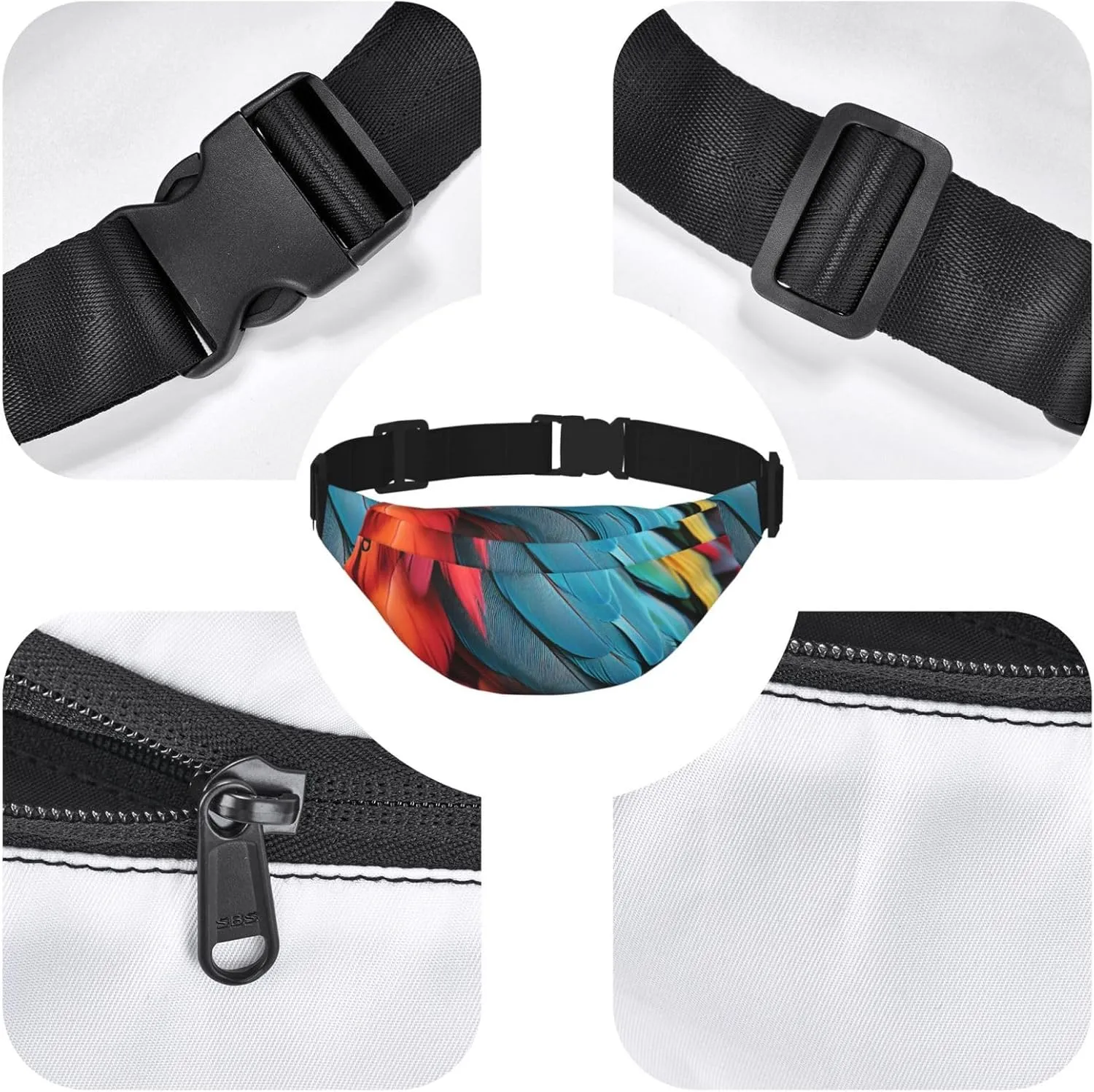Fanny Pack Belt Bag for Women Men Waterproof Waist Pack Seaside Town Waist Bag with Adjustable Strap, Red Blue Green Feathers, One Size