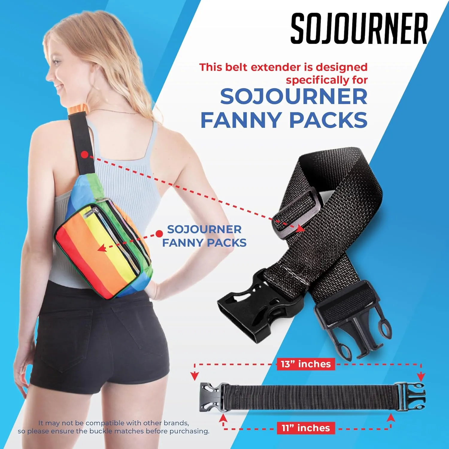 Fanny Pack Extender Belt Bag Adjustable Elastic Strap Buckle Waist Extender - ONLY COMPATIBLE WITH SOJOURNER FANNY PACKS