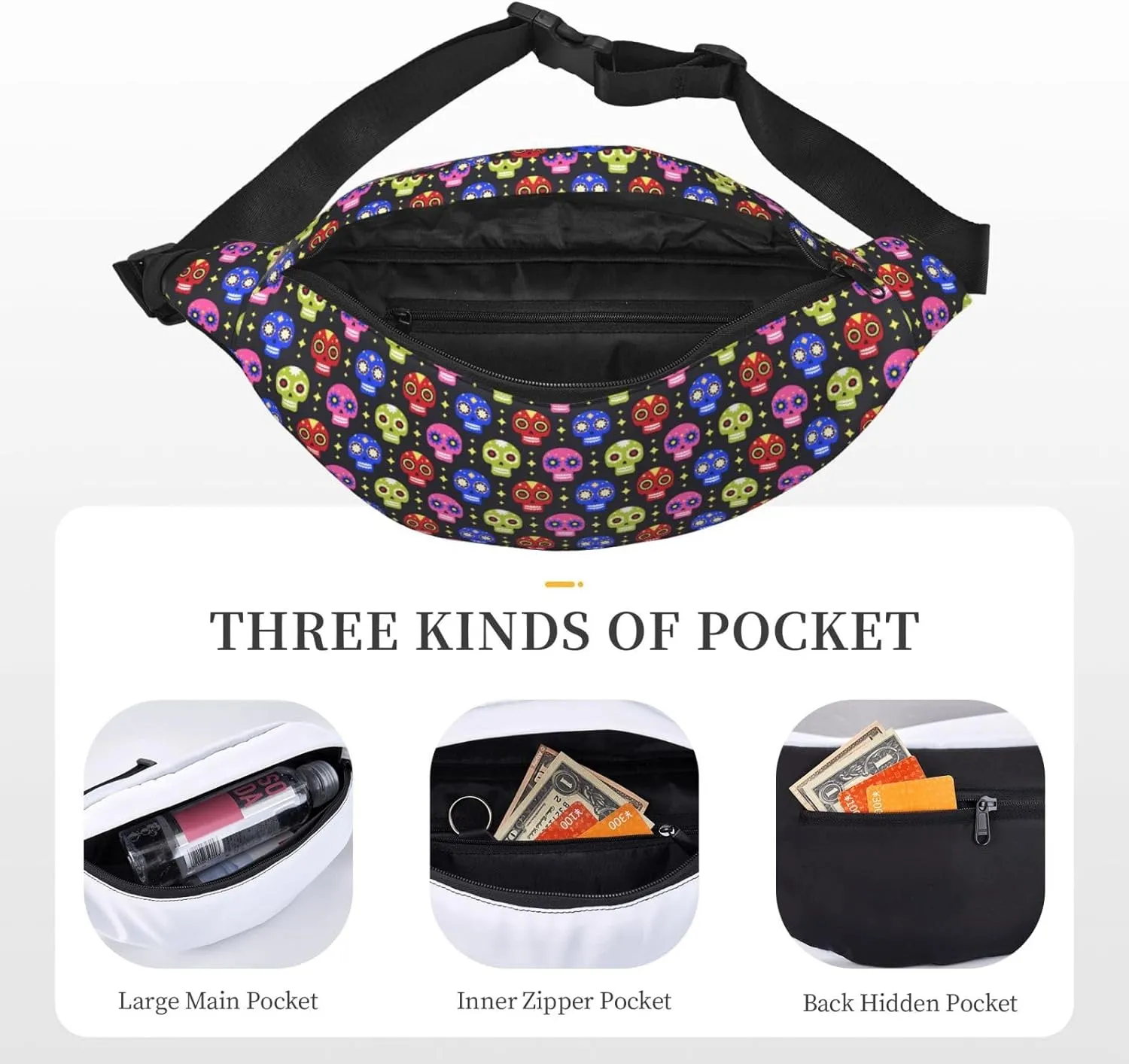 Fanny Pack for Women Men,Cute Sugar Skulls Large Crossbody Waist Pack Belt Bag for Workout Hiking Running Travel